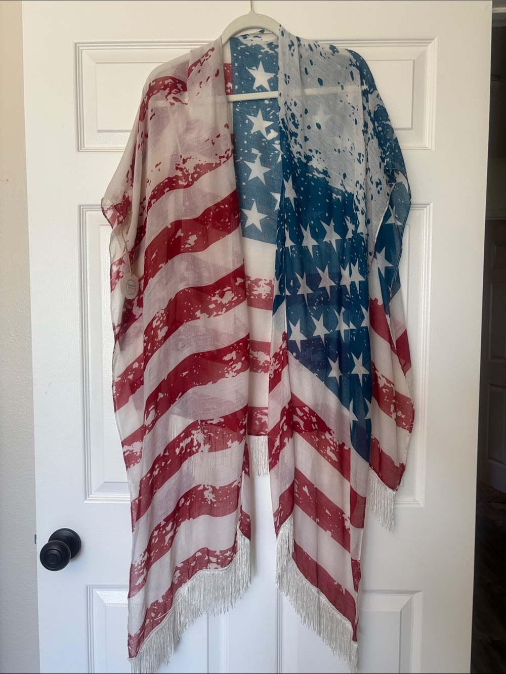 American Flag Sheer Fringe Kimono - Red, White & Blue